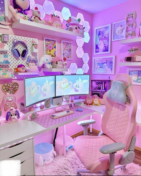 Setup Gamer Girl, Gamer Girl Room, Pastel Room Ideas, Gamer Girl Setup, Gamer Rooms, Gaming Setup Room, Workstation Setup, Pink Setup, Games Setup