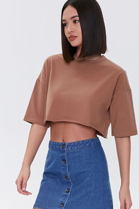 Cropped Crew Tee Stiff Fabric, Long Sleeve Tops For Women, Sweaters Short, Boxy Crop Top, Knit Tees, Crop Tee, Women's Tops, Drop Shoulder, Mocha