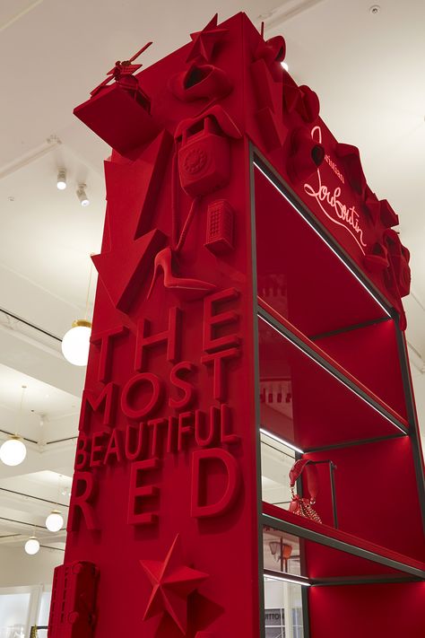 Iconic Christian Louboutin objects are sumptuously drenched in rouge to launch an exclusive capsule collection at Selfridges. Vivid, bold and instantly recognisable, the Christian Louboutin red sole is iconic. StudioXAG collaborated with the team at Christian Louboutin to produce and install ‘The Most Beautiful Red’ display as part of the luxury brand’s pop-ups at Selfridges London and Manchester Trafford Centre. Colorful Office Design, Trafford Centre, Selfridges London, Window Display Design, Red Louboutin, Red Rooms, Pop Ups, Stage Set, Salou