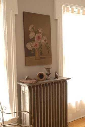 Making Space: Radiator Toppers Small Entryway Ideas With Radiator, Radiator Topper, Radiator Decor, Vintage Radiator, Radiator Ideas, Diy Radiator Cover, Decoration Hall, Painted Radiator, Old Radiators