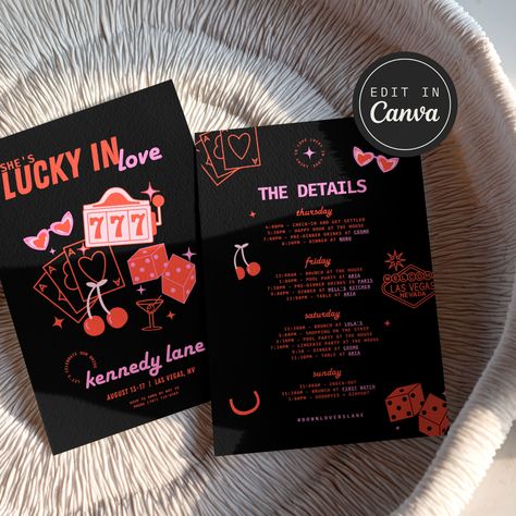 Are you planning an unforgettable bachelorette weekend in Vegas? Make sure to snag the perfect edgy but girly invite with Lucky! This DIY printable 5x7 invitation template is perfect for customizing a stylish Canva design to make your bachelorette celebrations truly special. The invitation and itinerary feature the a pink and red color palette that's got us ready to roll the dice on love. Use this template to edit the fonts, font color, and background color to match your event needs. Make your s Vegas Bachelorette Party Aesthetic, Casino Themed Bachelorette Party, Las Vegas Themed Wedding, Casino Theme Engagement Party, Lucky In Love Theme, Vegas Theme Bachelorette Party Ideas, Lucky In Love Bachelorette Party, Vegas Wedding Theme, Vegas Bachelorette Party Themes