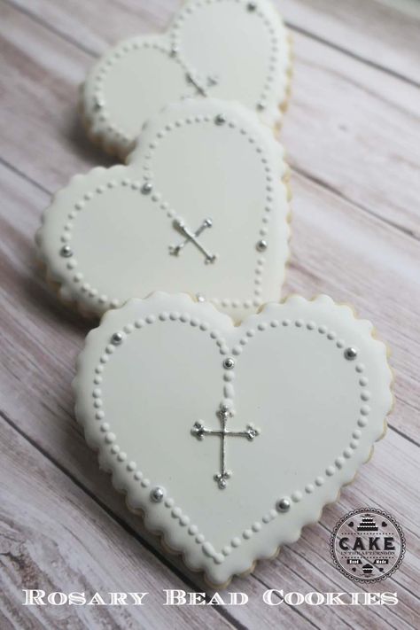 Rosary Bead Christening Cookies Honey Shortbread, Communion Cookies, Royal Icing Sugar Cookies, Icing Sugar Cookies, Christening Cookies, Recuerdos Primera Comunion Ideas, Cross Cookies, Holy Communion Cakes, Baptism Cookies