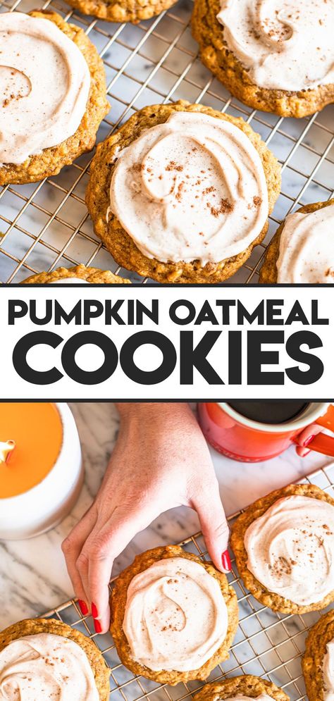 These Pumpkin Oatmeal Cookies are soft, chewy, sweet and finished with a rich, thick layer of maple cream cheese frosting. It’s the ultimate fall cookie recipe that’s sprinkled with just the right amount of pumpkin spice to swoon all your friends. Pumpkin Cookie With Maple Frosting, Pumpkin Oatmeal Latte Cookies, Pumpkin Oatmeal Cookies With Cream Cheese Frosting, Pumpkin Oatmeal Cookies With Cinnamon Cream Cheese Icing, Pumpkin Oatmeal Cookies With Cinnamon Frosting, Pumpkin Oatmeal Cookies With Cinnamon Cream Cheese Frosting, Pumpkin Cream Cheese Cookies Easy, Pumpkin Cinnamon Crumble Cookies, Pumpkin Cookies With Cream Cheese Icing