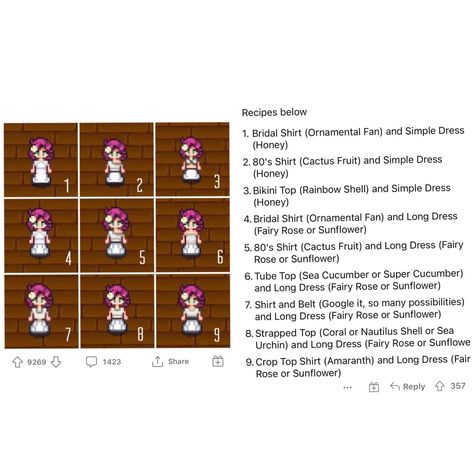 Stardew Valley Haley Gifts, Stardew Valley Bridal Outfit, Stardew Wedding Dress Recipe, Sdv Clothes Recipe, Stardew Valley Tailoring Guide, Stardew Wedding Dress, Stardew Valley Wedding Dress Recipe, Stardew Valley Artifacts, Stardew Valley Wedding Outfit