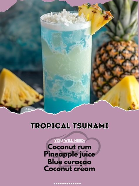 🌊 Ride the waves with Tropical Tsunami! 🌊🍍 #TropicalTsunami #IslandVibes Tropical Tsunami Ingredients: Coconut rum (1 oz) Pineapple juice (2 oz) Blue curaçao (1/2 oz) Coconut cream (1/2 oz) Pineapple slice (for garnish) Instructions: Shake coconut rum, pineapple juice, blue curaçao, and coconut cream with ice. Strain into a glass and garnish with a pineapple slice. Experience the tropical storm! 🌊🍍✨ #IslandDrinks #TropicalEscape #RecipeInspire Enjoy these magical and mystical drinks! ✨🍹👻 Cocktails With Coconut Cream, Rum Chata Coconut Cream Drinks, Coconut Alcoholic Drinks, Lemonade Punch Recipe, Coconut Rum Drinks, Rum Drinks Recipes, Bartender Drinks Recipes, Rum Punch Recipes, Christmas Punch Recipes