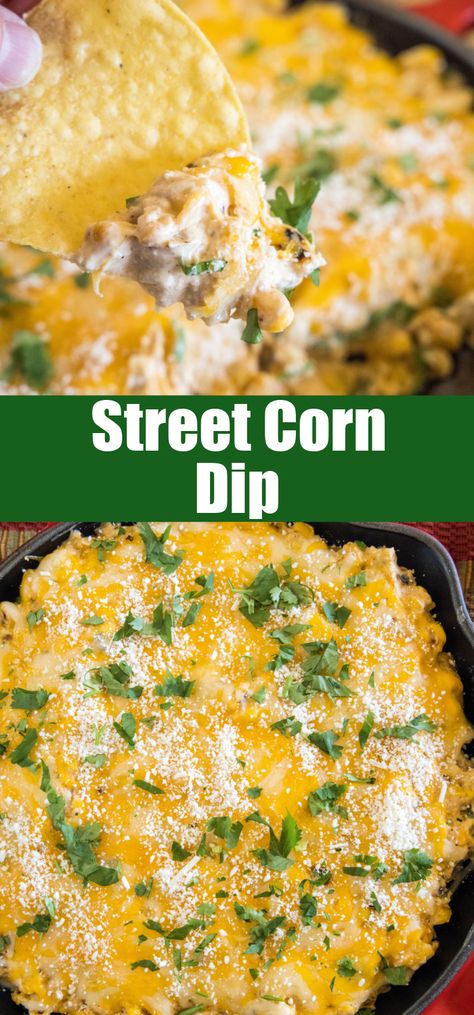 This creamy Mexican street corn dip is an easy recipe filled with charred sweet corn, hot melty cheeses, chili, and lime. Perfect for parties! #streetcorndip #elotedip #partydip Creamy Mexican Street Corn, Street Corn Dip Recipe, Elote Dip, Mexican Elote, Cheesy Corn Dip, Mexican Corn Dip, Vegetarian Appetizers Easy, Street Corn Dip, Mexican Street Corn Dip