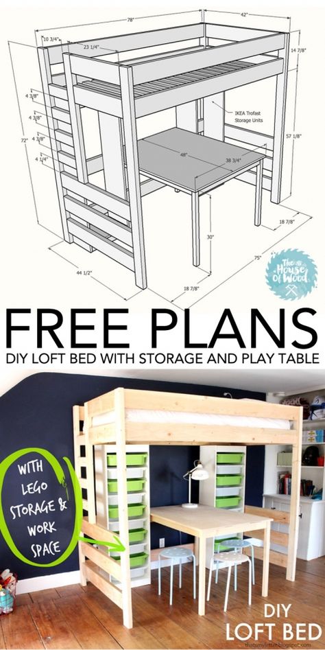 How to build a DIY loft bed with storage and play table. #loftbed #diy #bed #loft #kids Loft Bed With Storage, Ikea Trofast Storage, Diy Loft, Bunk Bed Plans, Loft Bed Plans, Murphy Bed Ikea, Diy Loft Bed, Kura Bed, Ikea Trofast