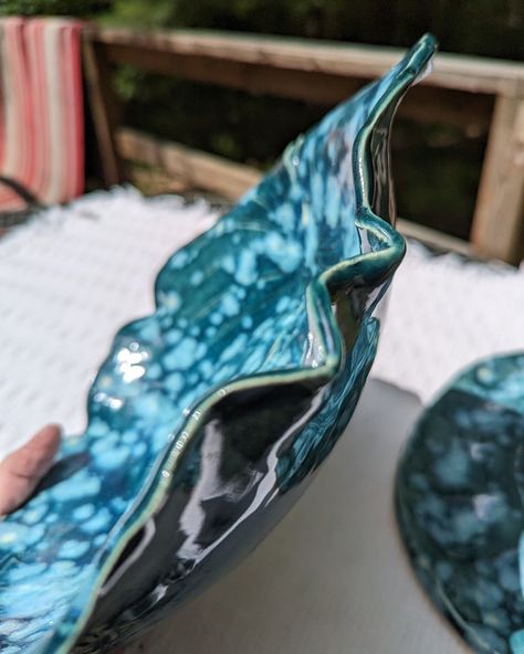 I love this glaze combo! Amaco rainforest with Mayco celadon bloom! Egg plate, hosta bowl and worry stone. #amacobrent #maycoglaze Mayco Glaze Rainforest, Mayco Celadon Bloom, Celadon Bloom Glaze, Celadon Bloom Glaze Combinations, Amaco Rainforest, Mayco Glaze, Amaco Brent, Pottery Glazes, Worry Stones