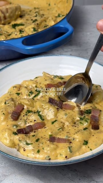 Pasta | Noodles on Instagram: "Bacon & brie gnocchi
Credits @majasrecipes

The elite pastacookbook (100++ recipes) 🍝
LINK IN BIO👆
ingredients:
- 300g smoked pork belly or bacon
- 4 tbsp butter
- 3 cloves garlic
- 1 onion
- 250 ml vegetable or chicken broth
- 300g brie (remove the rind)
- 300ml heavy cream
- 1 tsp smoked paprika powder
- 1/3 cup chopped parsley
- salt & pepper to taste

Instructions:
1. First, fry the pork belly until golden.
2. Remove from pan & add the butter. Sauté the minced garlic & onion until translucent.
3. Add in the broth & brie. Once the brie has melted add in the heavy cream & seasonings.
4. Let everything simmer together for five more minutes for sauce to thicken & add the gnocchi. Let it simmer for 5 more minutes.
5. Finally, take it off the heat & add the c Gnocchi Homemade, Bacon Brie, Smoked Pork Belly, Five More Minutes, 5 More Minutes, Brie Recipes, Healthy Recipies, Smoked Pork, Pasta Noodles