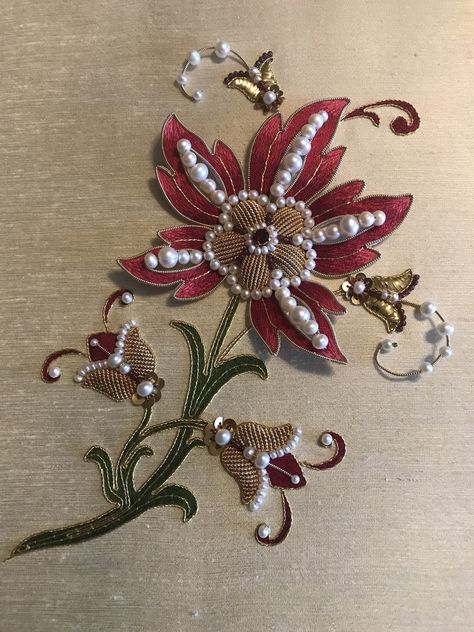 Garnet flower (by Larissa Borodich). Goldwork, stumpwork, silk shading, pearls, garnet beads, gold threads, plate, cords, check purl, pearl purl, etc. Size 8 x 6 in. app. Embroidery Designs By Hand, Indian Fits, Jacobean Embroidery, Gold Work Embroidery, Embroidery Fashion Detail, Tambour Embroidery, Beads Embroidery, Beadwork Embroidery, Bead Embroidery Tutorial