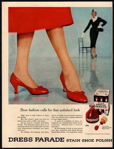 1954 DRESS PARADE- Red Dress- High Heels- Shoes- Boot Polish - Retro VINTAGE AD Vintage High Heels 1950s, 50s High Heels, 1950s High Heels, 1950 Heels, 50s Collage, Freedom Collage, 50s Heels, Boot Polish, 1950s Heels