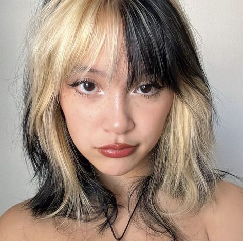 Cool Emo Hair Color, Hairdye Inspo Aesthetic, Choppy Dyed Hair, Block Placement Hair, Asymmetrical Dyed Hair, Face Framing Bleached Hair, Medium Shag Layered Haircuts, Blonde And Black Skunk Hair, Asymmetrical Hair Color