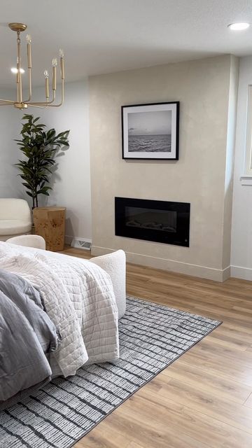 Bedroom Electric Fireplace Ideas Master, Bedroom Fireplace Diy, Diy Roman Clay Fireplace, Faux Fireplace In Bedroom, Fireplace In Master Bed, Fireplace Bedroom Ideas Master Suite, Roman Clay Fireplace, Fireplace In Bedroom, Bedroom Fireplaces