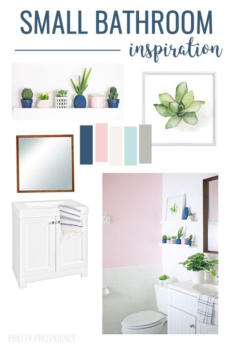 Looking for Small Bathroom Inspiration?! Lots of white with a blush pink accent wall and navy decor. Navy And Pink Bathroom, Blush Pink Accent Wall, Pink Bathroom Makeover, Pink Accent Wall, Pink Accent Walls, Small Bathroom Inspiration, Navy Decor, Modern Farmhouse Home Decor, Bad Inspiration