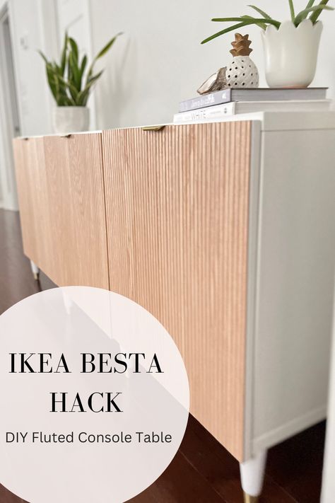 This is the best IKEA BESTA hack out there (in my opinion!). I transformed this basic furniture piece I’ve had for years into a midcentury modern beauty of a console table for our loft family room. Why did I wait so long to flip this piece of furniture?! Check out the blog for the steps I took to make this furniture flip happen! Ikea Sofa Table Hack, Ikea Tv Stand Hack, Ikea Sideboard Hack, Ikea Besta Tv Unit, Fluted Console Table, Besta Tv Unit, Loft Family Room, Fluted Console, Ikea Besta Tv