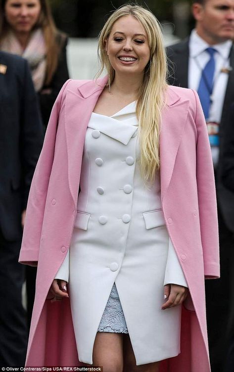 Having a blast: Tiffany, who is currently a first-year student at Georgetown Law School, seemed thrilled to mingle with the crowd Georgetown Law, Pale Dress, Donald Jr, Nyfw Runway, Tiffany T, Style Finder, Egg Roll, Pink Coat, The White House