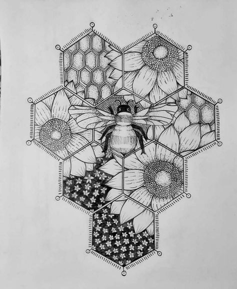 Hexagon Drawing, Geometric Tattoo Outline, Hexagonal Art, Honeycomb Tattoo, Minimalistic Tattoo Ideas, Hip Thigh Tattoos, Minimalistic Tattoo, Bee Drawing, Skull Coloring Pages