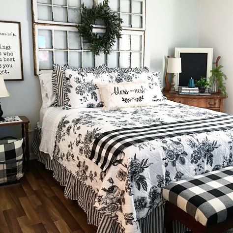 I love using black and white and mixing patterns! White Guest Bedroom, Farmhouse Bedroom Bedding, Black White Bedrooms, Neutral Bedroom Decor, Metal Platform Bed Frame, French Country Bedrooms, Farmhouse Bedding, Cottage Bedroom, Country Bedroom