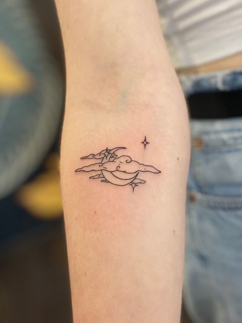 Cloud Moon Tattoo, Cloud And Moon Tattoo, Cloud And Stars Tattoo, Stars And Clouds Tattoo, Moon And Clouds Tattoo, Clouds And Stars Tattoo, Night Sky Tattoos, Sky Tattoo, Clouds Tattoo