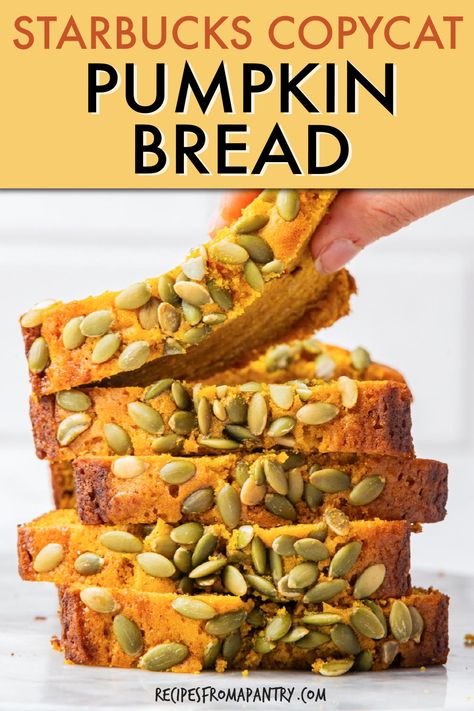 Whip up this copycat Starbucks pumpkin bread recipe at home! It's super easy to make, perfectly spiced, and ideal for fall or Thanksgiving gatherings. Whether you're hosting a festive dinner or just craving a cozy treat, this pumpkin bread will be a hit. Plus, it's a great way to use up any leftover pumpkin puree. Great for breakfast, brunch and dessert. Save this homemade Starbucks pumpkin loaf recipe #PumpkinBread #Fall #Baking #Thanksgiving #Recipes #Starbucks #Copycat #Pumpkin Pumpkin Bread Starbucks Recipe, Starbucks Pumpkin Bread Recipe Copycat, Starbucks Pumpkin Loaf Recipe, Copycat Starbucks Pumpkin Bread, Pumpkin Loaf Starbucks, Starbucks Pumpkin Loaf, Pumpkin Loaf Recipe, Starbucks Pumpkin Bread Recipe, Pumpkin Bread Starbucks