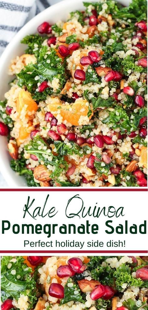 Easy and healthy Kale Quinoa Pomegranate Salad with citrus vinaigrette is a refreshing meal or beautiful side dish for any feast this holiday season! It's packed with flavor, perfect for lunch or dinner, and ideal for easy meal prep! #kalequinoasalad #pomegranate #salads #quinoasalad #kalesalad #sidedish #holidaysidedish #christmasrecipes #holidayrecipes Pomegranate Quinoa Salad, Kale Pomegranate Salad, Salad Recipes With Pomegranate, Kale Quinoa Salad Recipes, Quinoa Pomegranate Salad, Unique Salads, Quinoa Pomegranate, Salad With Citrus Vinaigrette, Salad With Citrus