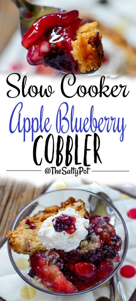 SLOW COOKER APPLE BLUEBERRY COBBLER Easy Blueberry Cobbler, Blueberry Cobbler Recipes, Apple Cobbler Recipe, Slow Cooker Apple, Apple Blueberry, Cobbler Easy, Cobbler Topping, Blueberry Crisp, Slow Cooker Apples