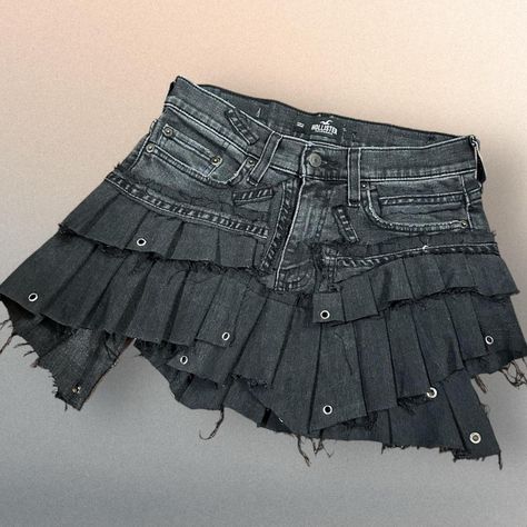 One of a kind reworked from Hollister jeans.  Faded... - Depop Reworked Clothes, Reworked Clothing, Reworked Denim, Style Cargo, Hollister Jeans, Denim Mini, Denim Mini Skirt, Y2k Style, Black Charcoal