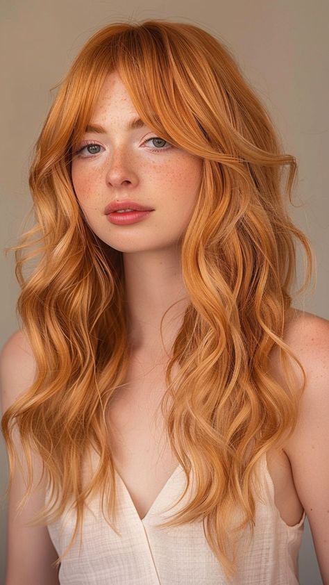 Long Strawberry Blonde Hair With Bangs, Beachy Red Hair, Strawberry Blonde With Bangs, Strawberry Blonde Curls, Strawberry Red Hair, Blonde Ideas, Light Red Hair, Strawberry Blonde Hair Color, Strawberry Hair