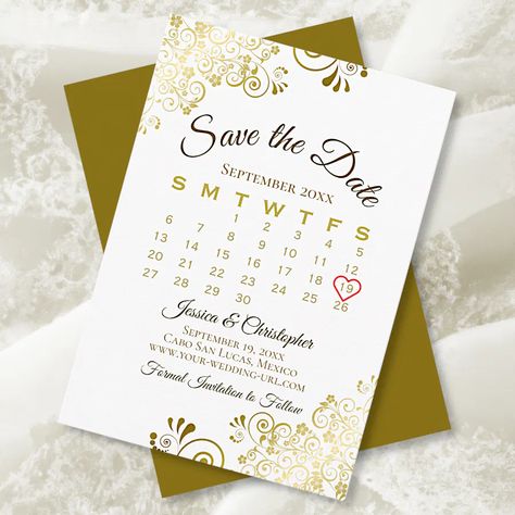 Gold Frills on White Elegant Wedding Calendar Save The Date Save The Date Calendar, Simple Elegant Style, Wedding Calendar, Simple Invitation, Gold Wedding Invitations, Formal Invitation, Wedding Save The Date, Save The Date Invitations, Floral Invitation