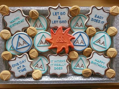 AA Birthday Cookies Work Anniversary Cookies Decorated, 40 Birthday Cookies Decorated, Retirement Sugar Cookies, 45th Birthday Cookies Decorated, Aa Anniversary, 1 Year Soberity Party, Anniversary Cookies, Let Go, Royal Iced Cookies