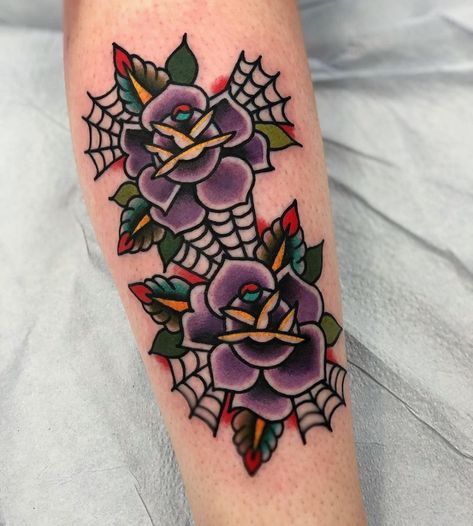 Rose Web Tattoo, Flower Spiderweb Tattoo, Traditional Spiderweb Tattoo, Hand Tattoos Traditional, Spiderweb Tattoo Traditional, Tradional Tattoo Ideas, Horror Traditional Tattoo, Traditional Horror Tattoo, Traditional Tattoos Flower