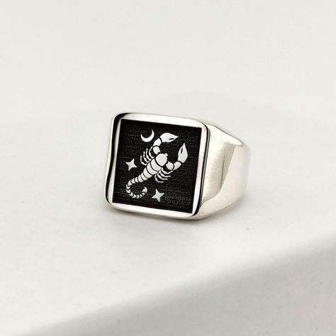 The ring is made of 925 sterling silver decorated with scorpion and star shapes. PRODUCT FEATURES -Products are shipped with free shipping along with the box and bag. - Production Mine: 925 Sterling Silver - Weight: 11,5 grams -Ring Diameter: 18x18 mm ✔ The motif, shape, symbol, letter and text you want can be written on the ring. Just specify in the request field. Scorpio Ring, Scorpio Jewelry, Ring For Girlfriend, Scorpio Gifts, Zodiac Rings, Scorpio Zodiac, Astrology Zodiac, Ring Silver, Star Shape