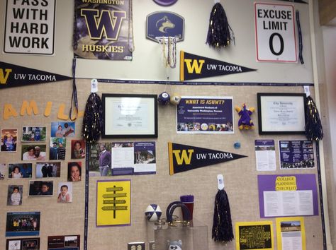 College corner in a WA AVID Elementary classroom. Avid College Corner, College Corner In Classroom, Avid Schoolwide, Avid Program, Avid Strategies, Elementary Bulletin Boards, College Readiness, 4th Grade Ela, College Planning