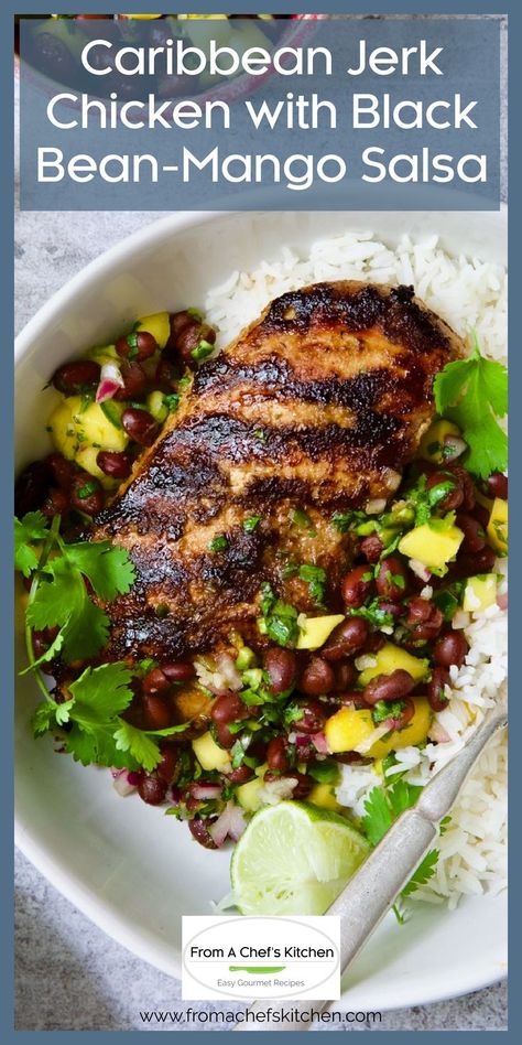 Caribbean Jerk Chicken with Black Bean Mango Salsa in white bowl with rice garnished with cilantro sprigs and lime wedges. Turkey Dinner Ideas, Jerk Recipe, Mango Salsa Chicken, Caribbean Chicken, Jerk Chicken Recipe, Jamaican Jerk Chicken, Caribbean Jerk Chicken, Mango Chicken, Riced Cauliflower