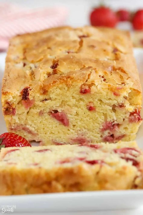 Grab some fresh strawberries and whip up a loaf of this delicious Strawberry Bread! This bread bakes up soft and moist, it is filled with diced strawberries, and flavored with vanilla and a splash of almond extract. Strawberry Quick Bread, Diced Strawberries, Celebrating Sweets, Bread Quick, Strawberry Bread, Almond Extract, Apple Bread, Different Fruits, Quick Bread Recipes