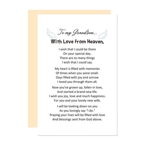 PRICES MAY VARY. Let Grandma's Love Shine - Carry a piece of grandma's spirit on your wedding day with this touching card, a surprise present from heaven Ideal for gifting to your son on his wedding day, this card will surely touch his heart and bless him in a special way Treasure a simple poem from your grandpa/grandma, beautifully conveying her wishes for your happiness Crafted from durable and elegant cardstock, this card is a timeless memento of your special day If you have any issues, pleas Son On His Wedding Day, Simple Poems, Surprise Present, To My Grandson, Gift From Heaven, My Grandson, New Wife, Wishes For You, Love Gifts