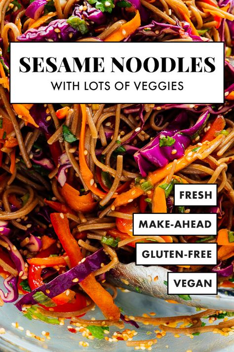 These sesame noodles are extra delicious, thanks to all the colorful vegetables. This recipe is healthy and easy to prepare—perfect for bringing to get-togethers! It's vegetarian/vegan and easily gluten free. #sesamenoodles #potlucks #healthyrecipe #cookieandkate Healthy Sesame Noodles, Cookies And Kate Recipes, Veggie Asian Noodles, Cookie And Kate Recipes, Cycle Food, Soba Noodle Bowl, Sesame Noodles Recipe, Veg Meals, Asian Inspired Salad