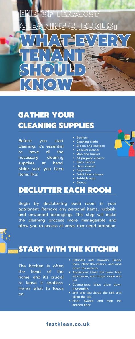 Moving out of a rented apartment can be both exciting and challenging. As you prepare to say goodbye to your old space and get ready for a fresh start, one crucial aspect that often comes into play is the end of tenancy cleaning. To help you navigate this process smoothly and ensure you get your deposit back, we’ve put together a comprehensive end of tenancy cleaning checklist. Let’s dive right in! End Of Tenancy Cleaning Checklist, End Of Year Classroom Cleaning Checklist, Cleaning Inspiration, Oven Cleaner, Cleaning Guide, Broom And Dustpan, Dust Pan, Cleaning Checklist, Glass Cleaner