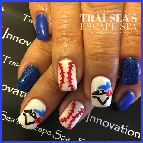 Toronto Blue Jay Nails hand painted by Trai-Sea's Escape Spa Toronto Blue Jays Nails Design, Blue Jays Nails, Baseball Nails, Elite Nails, Emerald Nails, Chic Manicure, Brown Acrylic Nails, Popular Nail Designs, Baseball Birthday