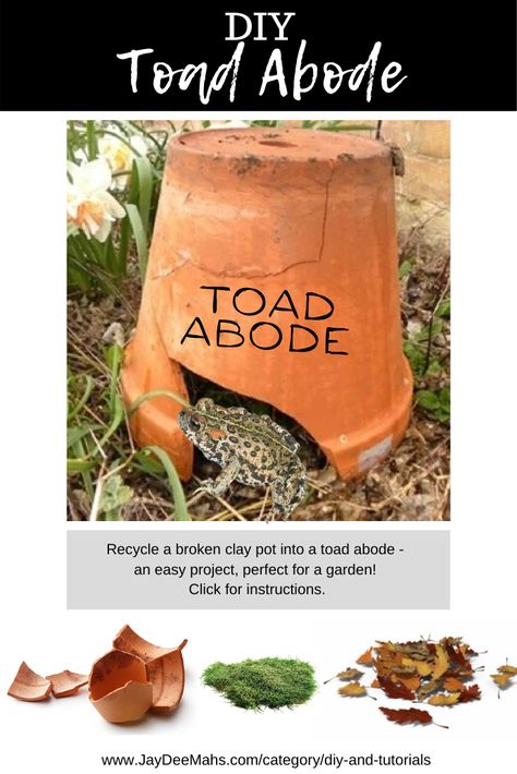 Have a broken clay pot or two laying around? Don't toss them out! Recycle them into a Garden Toad Abode! Here's how! #toadabode #toadhouse #gardentoad Toad Habitat Gardens, Frog Garden Ideas, Toad Houses For The Garden, Diy Toad House, Frog Sanctuary, Toad Habitat, Toad Garden, Toad Abode, Frog Garden