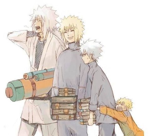 Jiraiya, Minato, Kakashi, and Naruto - teachers and students Naruto's Parents, Minato Kakashi, Poses Manga, Uzumaki Family, Manga Naruto, Kakashi Sensei, Naruto Fan Art, Naruto Comic, Naruto Series