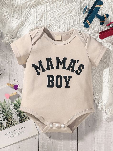 Khaki  Collar Short Sleeve Fabric Letter Tee Embellished Slight Stretch Summer Baby Clothing Little Boy Shirts, Boy Letter, Baby Letters, Baby Boy Shirts, Fabric Letters, Boys Graphic Tee, Baby Boy Onesies, Baby T Shirts, Baby Outfits