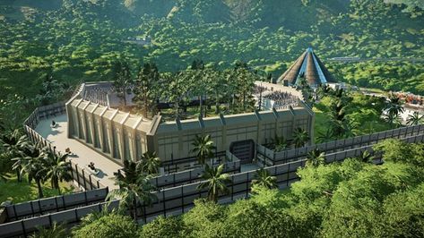 Jurassic World Buildings, Jurassic Park Building, Jurassic World Evolution 2 Park Ideas, Dinosaur Enclosure, Jurassic Craft, Jurassic World Raptors, Zoo Park, Dinosaur Park, Jurrasic Park