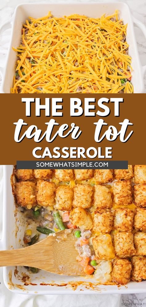 The BEST Tater Tot Casserole is simple to make and seriously delicious. This casserole is an amazing comfort food and perfect on a rainy night. It’s so savory and filling, and totally delicious. I love that it’s so easy to put together but still tastes great. It’s a family favorite at our house! My kids are constantly asking me to make it, which makes dinner time pretty easy. It’s easy to make and I know they’ll love it. This tater tot casserole recipe really is the best! Potato Obrien, Tater Tots Casserole, Tots Casserole, Best Tater Tot Casserole, Cheesy Tater Tot Casserole, Easy Tater Tot Casserole, Cheesy Tater Tots, Easy Tater Tots, Tater Tot Casserole Recipe