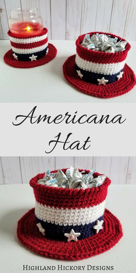 Red White And Blue Crochet, White And Blue Crochet, American Hat, Crochet Basket Pattern Free, Plastic Silverware, 4th Of July Decor, Easy Crochet Patterns Free, July Decor, Crochet Basket Pattern