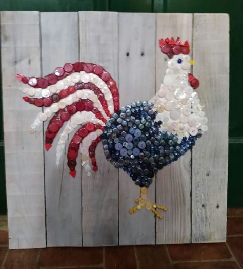 Button Chicken Art, Rooster Diy Crafts, Rooster Crafts Diy, Chicken Craft Ideas, Button Rooster, 4 H Project Ideas, Diy Ideas Creative, Rooster Craft, Vintage Buttons Crafts