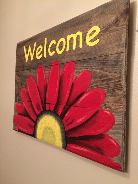 Wood Welcome Sign, Art Coquillage, Wooden Pallet Furniture, Diy Wood Signs, Pallet Crafts, Pallet Painting, Wood Pallet Projects, Pallet Art, Tole Painting