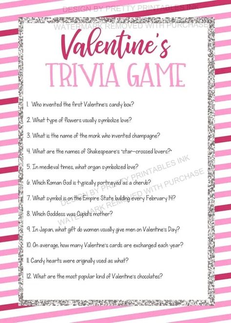 INSTANT DOWNLOAD Valentines Game - Valentines Trivia Game Grab this fun instant download Valentines Day game - the perfect addition to any Valentines Day Party! Guests take turns trying to answer these Valentines/love themeed questions. The guest with the most answers correct in the fastest time wins. Valentines Trivia, Valentines Quiz, Valentine's Day Game, Girls Night Games, Galentine's Party, Valentine Party Game, Valentines Games, Galentines Party, Pretty Printables