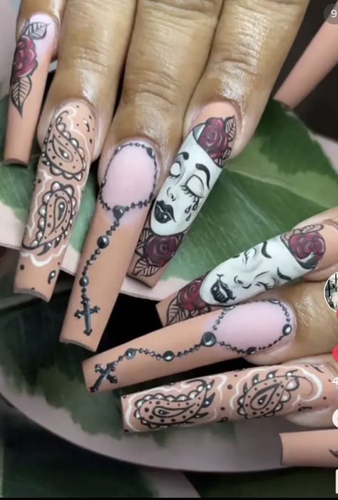 Nail Designs Chicana, Nail Ideas Chicana, Laugh Now Cry Later Nails, Chicana Nails Designs, Lowrider Nail Designs, Chicano Nails Designs, Smile Now Cry Later Nails, Chicana Nails Acrylic, Chola Nails Designs