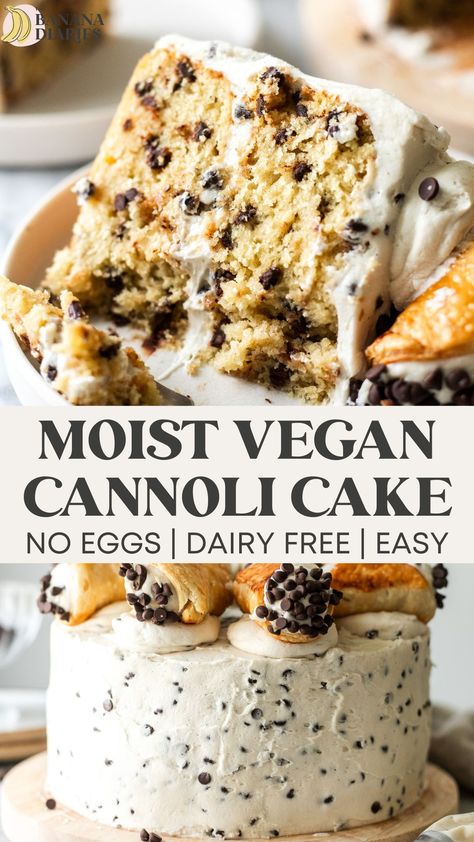 This soft and beautifully tender vegan cannoli cake is absolutely sublime with every bite. Loaded with layers of dairy free cannoli filling, moist vanilla cannoli cake, and real cannoli, you won't believe this cake is made entirely without eggs nor dairy! Vegan Gluten Free Halloween Desserts, Italian Desserts Vegan, Thanksgiving Dessert Dairy Free, Gluten Vegan Dessert, Vegan Cloud Cake, Gluten Free Dairy Free Soy Free Desserts, Gluten Free Cannoli Cake, Easy Gluten Free Vegan Dessert, Light Vegan Desserts